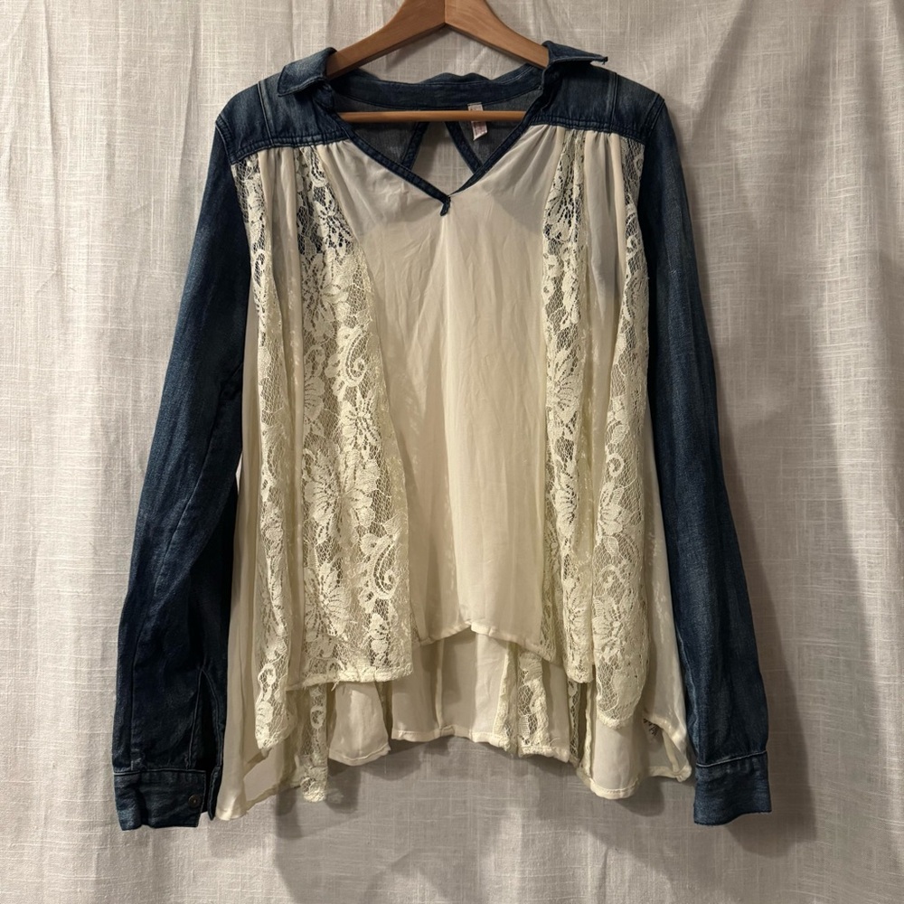 Free People Cream and Navy Lace Blouse